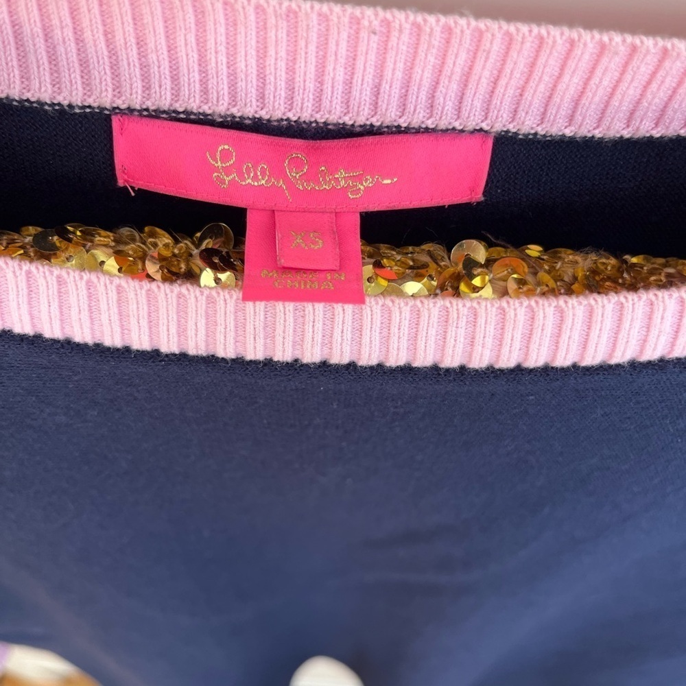 Lilly Pulitzer Larabee Coolmax Navy Blue and Pink Sweater with Bow Sleeved - Picture 4 of 8